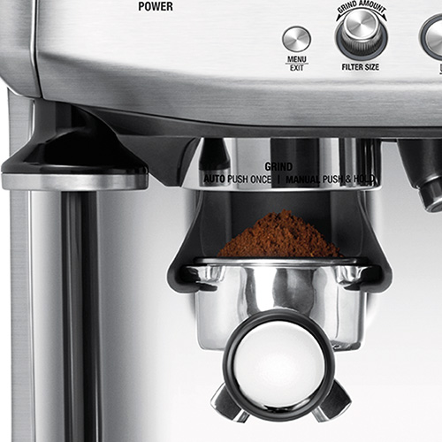 the Barista Pro Espresso Machine in Brushed Stainless Steel integrated conical burr grinder